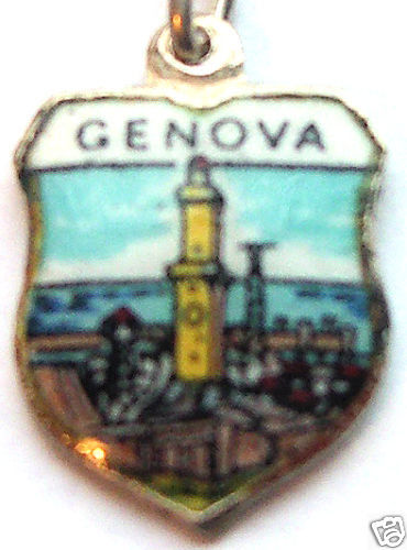 Genova Italy - Lighthouse - Vintage Silver Enamel Travel Shield Charm